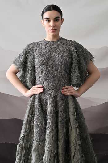 Buy Samant Chauhan Grey Cotton, Linen Embroidery, Metallic Thread Round Handworked Textural Gown Online at Aza Fashions Buy_Samant Chauhan_Grey Cotton, Linen Embroidery, Metallic Thread Round Handworked Textural Gown _Online_at_Aza_Fashions