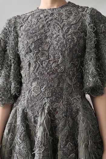 Shop Samant Chauhan Grey Cotton, Linen Embroidery, Metallic Thread Round Handworked Textural Gown Online at Aza Fashions Shop_Samant Chauhan_Grey Cotton, Linen Embroidery, Metallic Thread Round Handworked Textural Gown _Online_at_Aza_Fashions