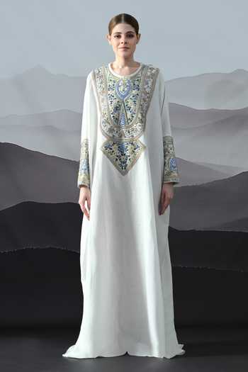 Buy_Samant Chauhan_Ivory Silk, Linen Round Neck Resham And Zari Embroidered Kaftan _Online_at_Aza_Fashions
