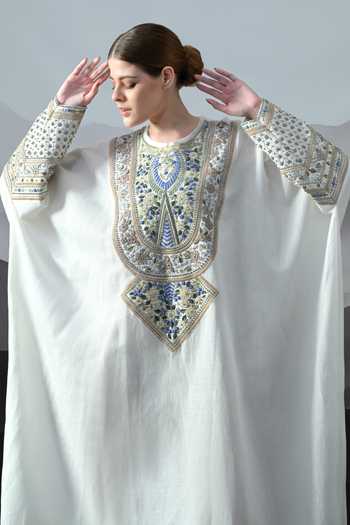 Shop_Samant Chauhan_Ivory Silk, Linen Round Neck Resham And Zari Embroidered Kaftan _Online_at_Aza_Fashions