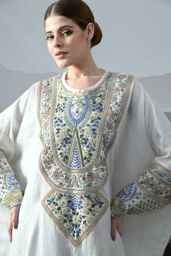 Samant Chauhan_Ivory Silk, Linen Round Neck Resham And Zari Embroidered Kaftan _at_Aza_Fashions