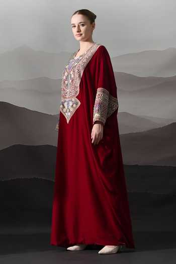 Samant Chauhan_Maroon Silk, Cotton, Linen Round Neck Resham Zari Embroidered Kaftan _Online_at_Aza_Fashions