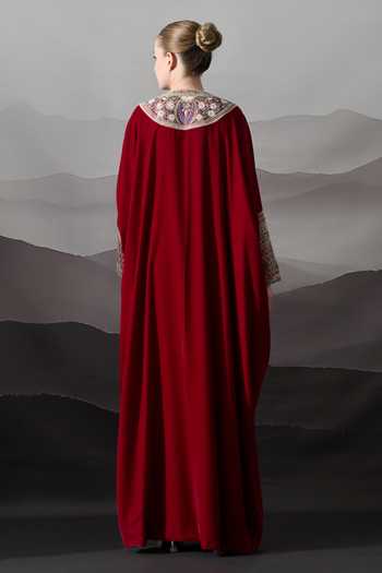 Buy_Samant Chauhan_Maroon Silk, Cotton, Linen Round Neck Resham Zari Embroidered Kaftan _Online_at_Aza_Fashions