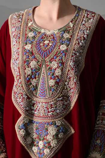 Shop_Samant Chauhan_Maroon Silk, Cotton, Linen Round Neck Resham Zari Embroidered Kaftan _Online_at_Aza_Fashions