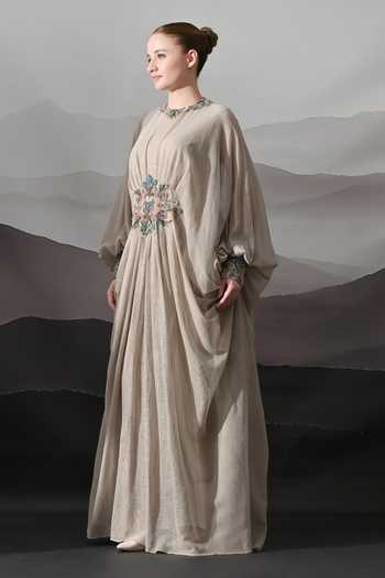 Samant Chauhan_Beige Cotton, Net Round Neck Placed Embroidered Kaftan _Online_at_Aza_Fashions