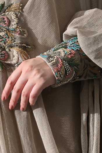 Buy_Samant Chauhan_Beige Cotton, Net Round Neck Placed Embroidered Kaftan _Online_at_Aza_Fashions