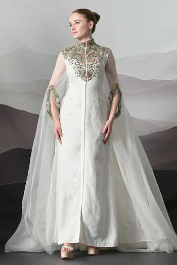 Samant Chauhan_Ivory Silk, Cotton, Organza Mandarin Collar Resham And Zari Embroidered Kaftan _Online_at_Aza_Fashions