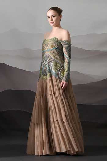 Samant Chauhan Taupe Silk, Cotton, Net Embroidery, Beads Off-shoulder Hand Gown Online at Aza Fashions Samant Chauhan_Taupe Silk, Cotton, Net Embroidery, Beads Off-shoulder Hand Gown _Online_at_Aza_Fashions