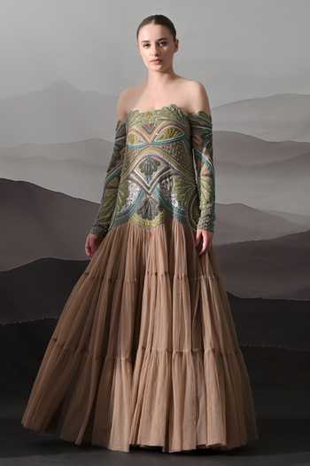 Samant Chauhan Hand Embroidered Off-Shoulder Gown 