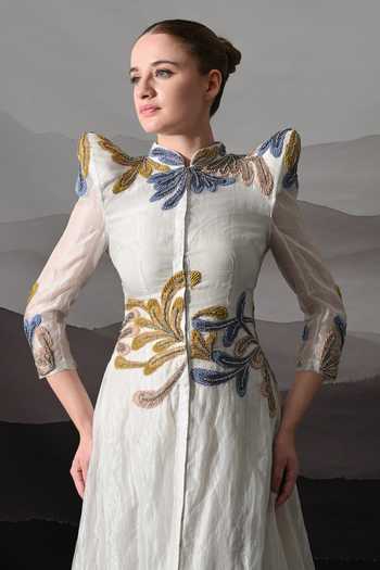 Samant Chauhan_Ivory Silk, Cotton, Linen Embroidery Mandarin Collar Structured Gown _Online_at_Aza_Fashions