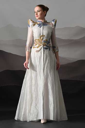 Buy_Samant Chauhan_Ivory Silk, Cotton, Linen Embroidery Mandarin Collar Structured Gown _Online_at_Aza_Fashions