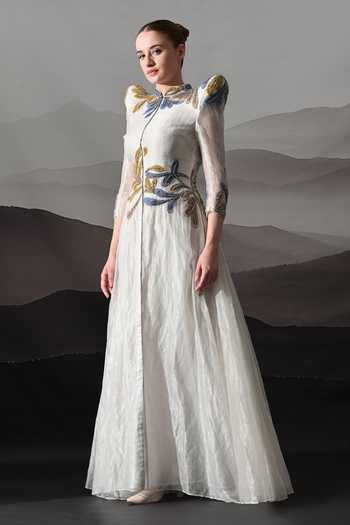 Shop_Samant Chauhan_Ivory Silk, Cotton, Linen Embroidery Mandarin Collar Structured Gown _Online_at_Aza_Fashions