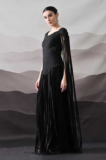 Samant Chauhan_Black Silk, Cotton Beads, Fringe Scoop Neck Hand Woven Textured Gown _Online_at_Aza_Fashions