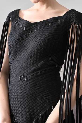 Buy_Samant Chauhan_Black Silk, Cotton Beads, Fringe Scoop Neck Hand Woven Textured Gown _Online_at_Aza_Fashions
