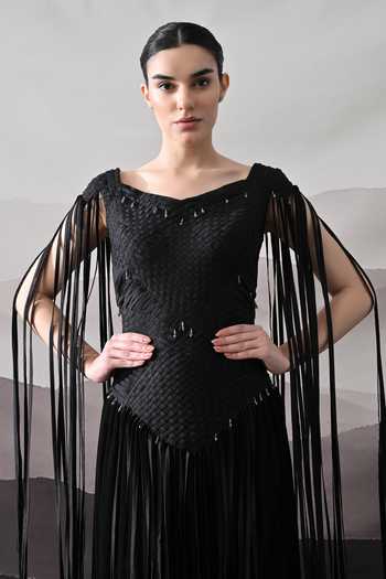 Shop_Samant Chauhan_Black Silk, Cotton Beads, Fringe Scoop Neck Hand Woven Textured Gown _Online_at_Aza_Fashions