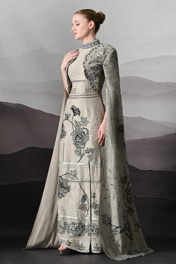 Samant Chauhan Grey Linen Embroidery Mandarin Collar Structured Drape Gown Online at Aza Fashions Samant Chauhan_Grey Linen Embroidery Mandarin Collar Structured Drape Gown _Online_at_Aza_Fashions