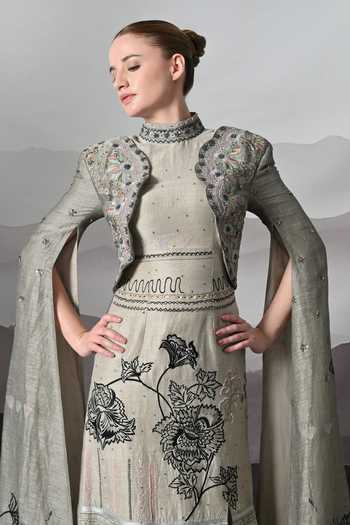 Buy Samant Chauhan Grey Linen Embroidery Mandarin Collar Structured Drape Gown Online at Aza Fashions Buy_Samant Chauhan_Grey Linen Embroidery Mandarin Collar Structured Drape Gown _Online_at_Aza_Fashions