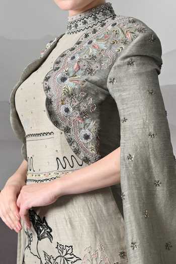 Shop Samant Chauhan Grey Linen Embroidery Mandarin Collar Structured Drape Gown Online at Aza Fashions Shop_Samant Chauhan_Grey Linen Embroidery Mandarin Collar Structured Drape Gown _Online_at_Aza_Fashions