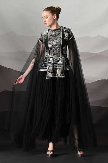 Samant Chauhan_Black Silk, Cotton, Net Embroidery Round Neck Architectural Bodice Gown _Online_at_Aza_Fashions