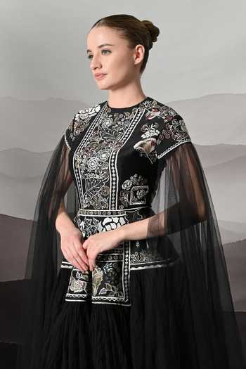 Buy_Samant Chauhan_Black Silk, Cotton, Net Embroidery Round Neck Architectural Bodice Gown _Online_at_Aza_Fashions