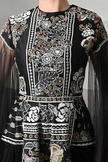Shop_Samant Chauhan_Black Silk, Cotton, Net Embroidery Round Neck Architectural Bodice Gown _Online_at_Aza_Fashions