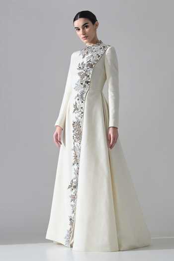 Samant Chauhan_Ivory Silk, Cotton Embroidery, Crystals High Neck Hand Embellished Gown _Online_at_Aza_Fashions