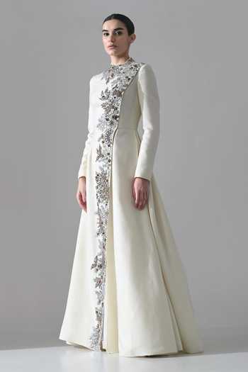 Buy_Samant Chauhan_Ivory Silk, Cotton Embroidery, Crystals High Neck Hand Embellished Gown _Online_at_Aza_Fashions