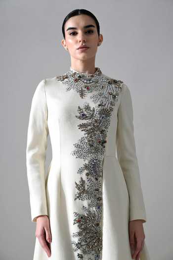 Shop_Samant Chauhan_Ivory Silk, Cotton Embroidery, Crystals High Neck Hand Embellished Gown _Online_at_Aza_Fashions