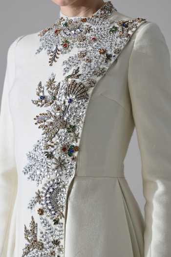 Samant Chauhan_Ivory Silk, Cotton Embroidery, Crystals High Neck Hand Embellished Gown _at_Aza_Fashions