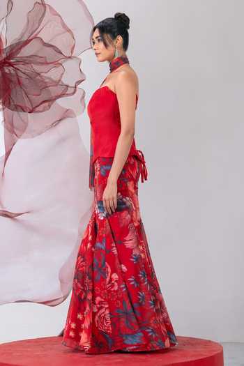 Shop_Vesture_Red Silk, Organza, Taffeta Bandeau Neck Aagni Print Fish Cut Skirt Set _Online_at_Aza_Fashions