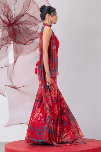 Vesture_Red Silk, Organza, Taffeta Bandeau Neck Aagni Print Fish Cut Skirt Set _at_Aza_Fashions