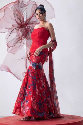 Buy_Vesture_Red Silk, Organza, Taffeta Bandeau Neck Aagni Print Fish Cut Skirt Set 