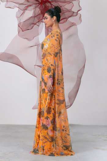 Buy_Vesture_Yellow Lycra, Mesh Sweetheart Adaa Floral Print Pre-draped Saree With Blouse _Online_at_Aza_Fashions