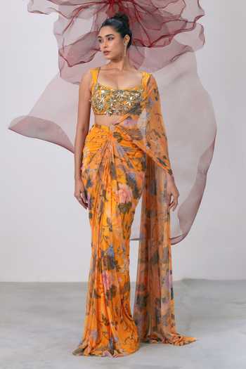 Vesture_Yellow Lycra, Mesh Sweetheart Adaa Floral Print Pre-draped Saree With Blouse _at_Aza_Fashions