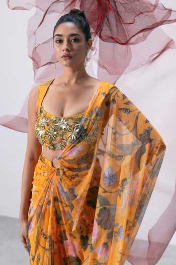 Buy_Vesture_Yellow Lycra, Mesh Sweetheart Adaa Floral Print Pre-draped Saree With Blouse 