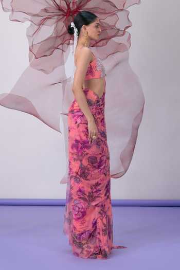 Vesture_Pink Lycra, Mesh Sweetheart Neck Bawri Print Pre-draped Saree With Blouse _Online_at_Aza_Fashions