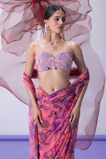 Buy_Vesture_Pink Lycra, Mesh Sweetheart Neck Bawri Print Pre-draped Saree With Blouse _Online_at_Aza_Fashions
