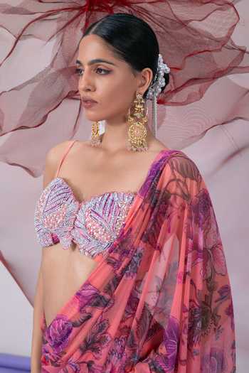 Shop_Vesture_Pink Lycra, Mesh Sweetheart Neck Bawri Print Pre-draped Saree With Blouse _Online_at_Aza_Fashions