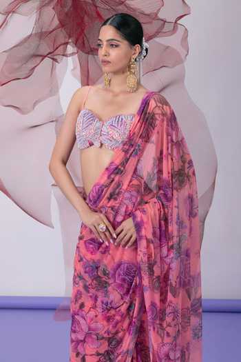 Buy_Vesture_Pink Lycra, Mesh Sweetheart Neck Bawri Print Pre-draped Saree With Blouse 