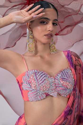 Shop_Vesture_Pink Lycra, Mesh Sweetheart Neck Bawri Print Pre-draped Saree With Blouse 