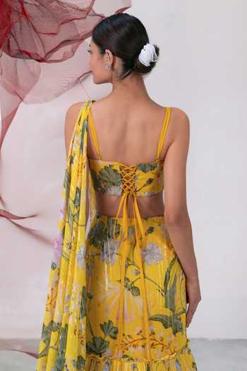 Buy_Vesture_Yellow Chiffon, Lurex One Shoulder Chameli Printed Pre-draped Saree With Blouse _Online_at_Aza_Fashions