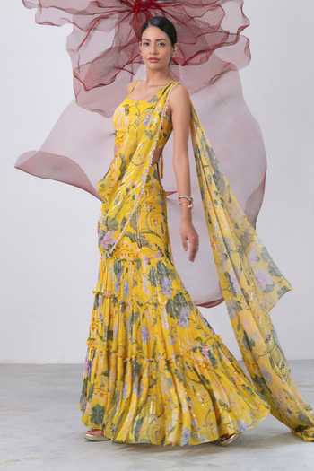 Shop_Vesture_Yellow Chiffon, Lurex One Shoulder Chameli Printed Pre-draped Saree With Blouse _Online_at_Aza_Fashions