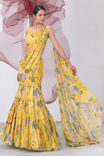 Vesture_Yellow Chiffon, Lurex One Shoulder Chameli Printed Pre-draped Saree With Blouse _at_Aza_Fashions