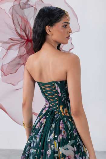 Buy_Vesture_Green Organza Sequins, Mirrors Chandrika Floral Print Corset Skirt Set _Online_at_Aza_Fashions