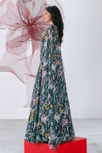 Shop_Vesture_Green Organza Sequins, Mirrors Chandrika Floral Print Corset Skirt Set _Online_at_Aza_Fashions