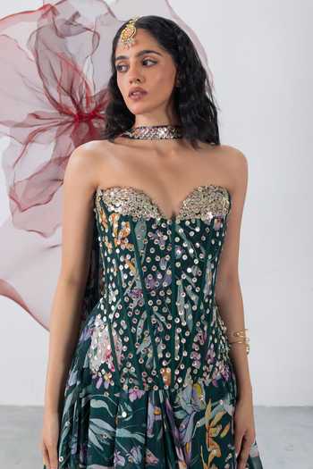 Vesture_Green Organza Sequins, Mirrors Chandrika Floral Print Corset Skirt Set _at_Aza_Fashions