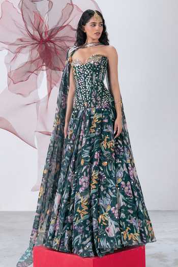 Shop_Vesture_Green Organza Sequins, Mirrors Chandrika Floral Print Corset Skirt Set 
