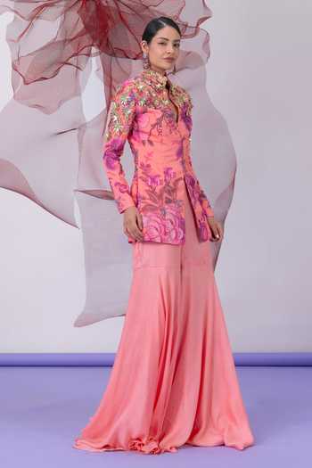 Vesture_Peach Crepe Mandarin Collar Chingari Print Jacket And Gharara Set _at_Aza_Fashions