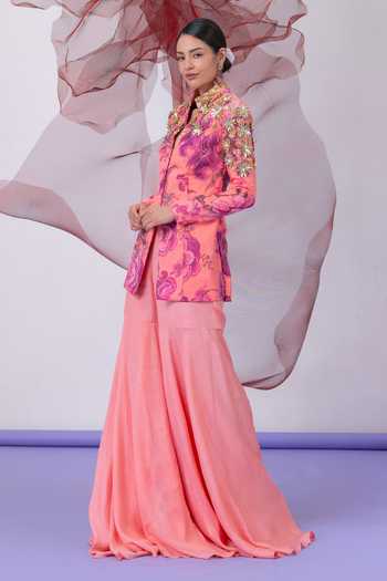Buy_Vesture_Peach Crepe Mandarin Collar Chingari Print Jacket And Gharara Set 