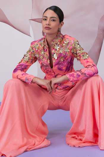 Shop Vesture Peach Crepe Mandarin Collar Chingari Print Jacket And Gharara Set Shop_Vesture_Peach Crepe Mandarin Collar Chingari Print Jacket And Gharara Set